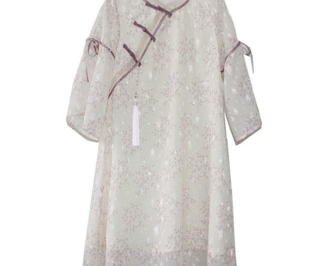 シフォン×花柄 チャイナドレス風ワンピース / 綺麗見えAライン