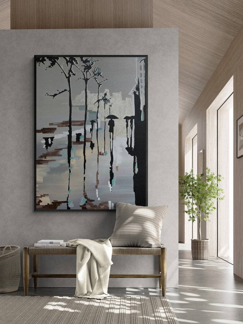 Large Abstract white teal oil painting on canvas Original painting - 壁貼/牆壁裝飾 - 棉．麻 卡其色