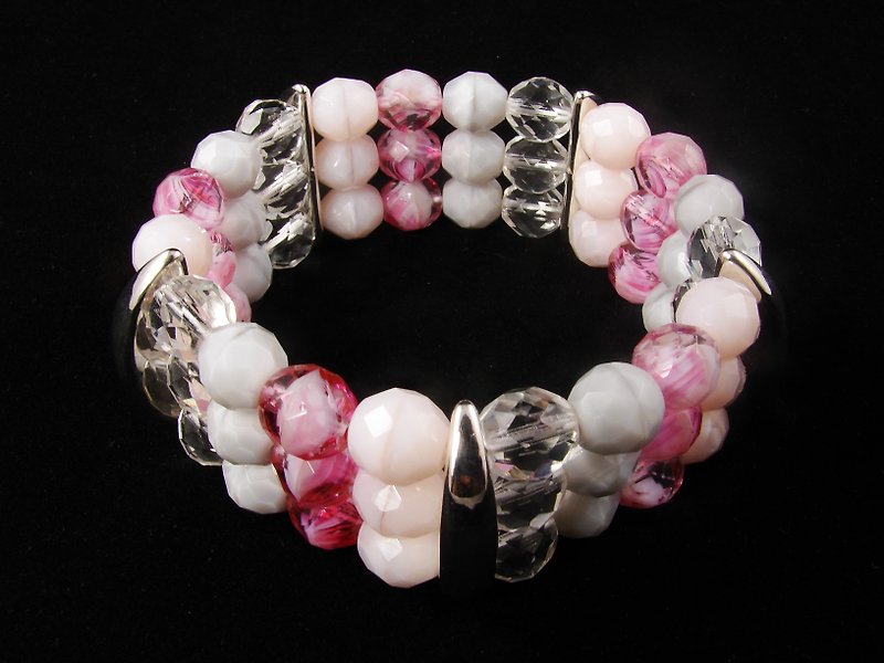 Pink Fuchsia Czech Glass Bracelet Three 3 Strand Beaded Stretch Bracelet Jewelry - Bracelets - Glass Pink