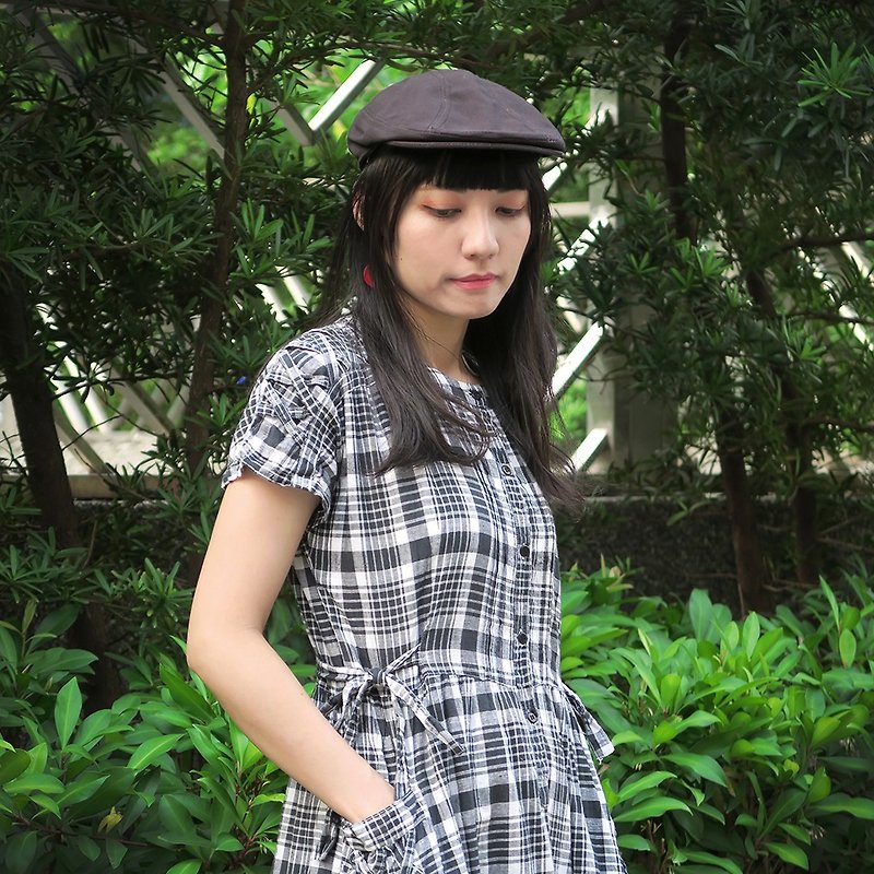 ヴィンテージ黒と白のチェック柄の半袖ドレス日本学科 - ワンピース - コットン・麻 