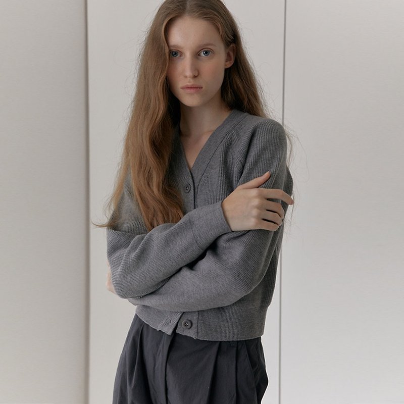 V-Neck Ribbed Cardigan (Melange Gray) - Women's Sweaters - Acrylic Gray
