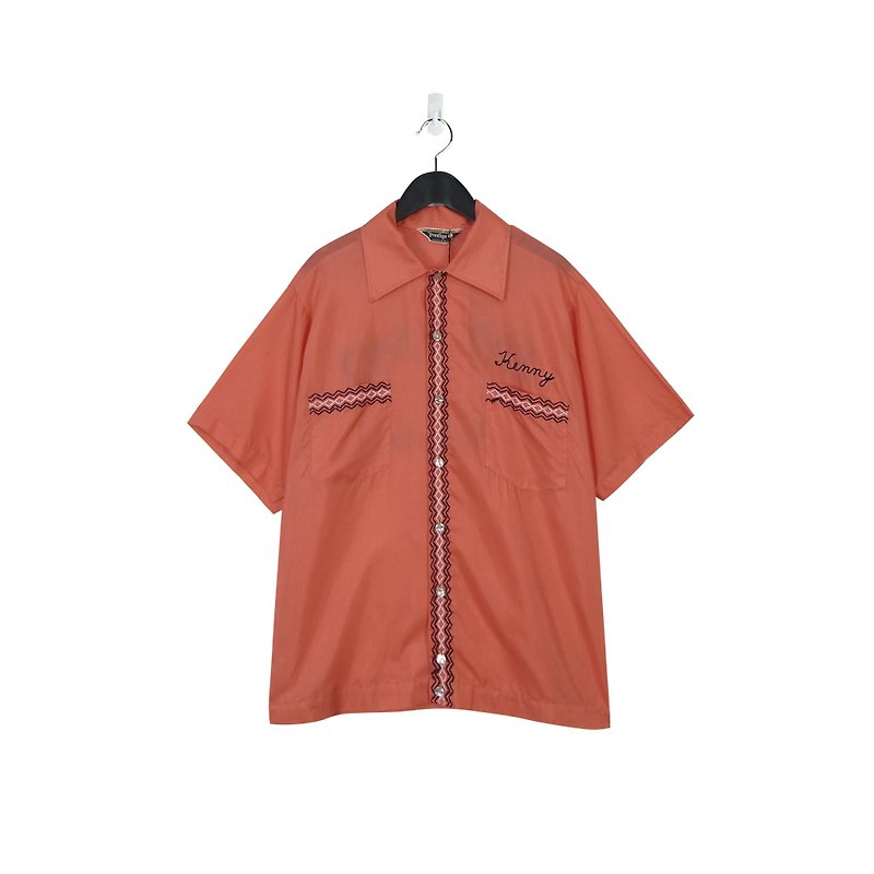 A‧PRANK : DOLLY :: Retro VINTAGE embroidered orange bowling shirt (T805096) - เสื้อเชิ้ตผู้ชาย - ผ้าฝ้าย/ผ้าลินิน สีส้ม