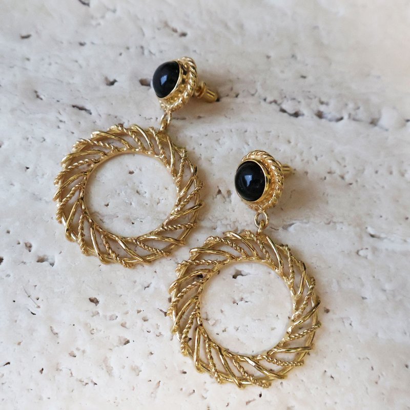 Rope Drop Stud Earrings Onyx - ต่างหู - เงินแท้ สีทอง