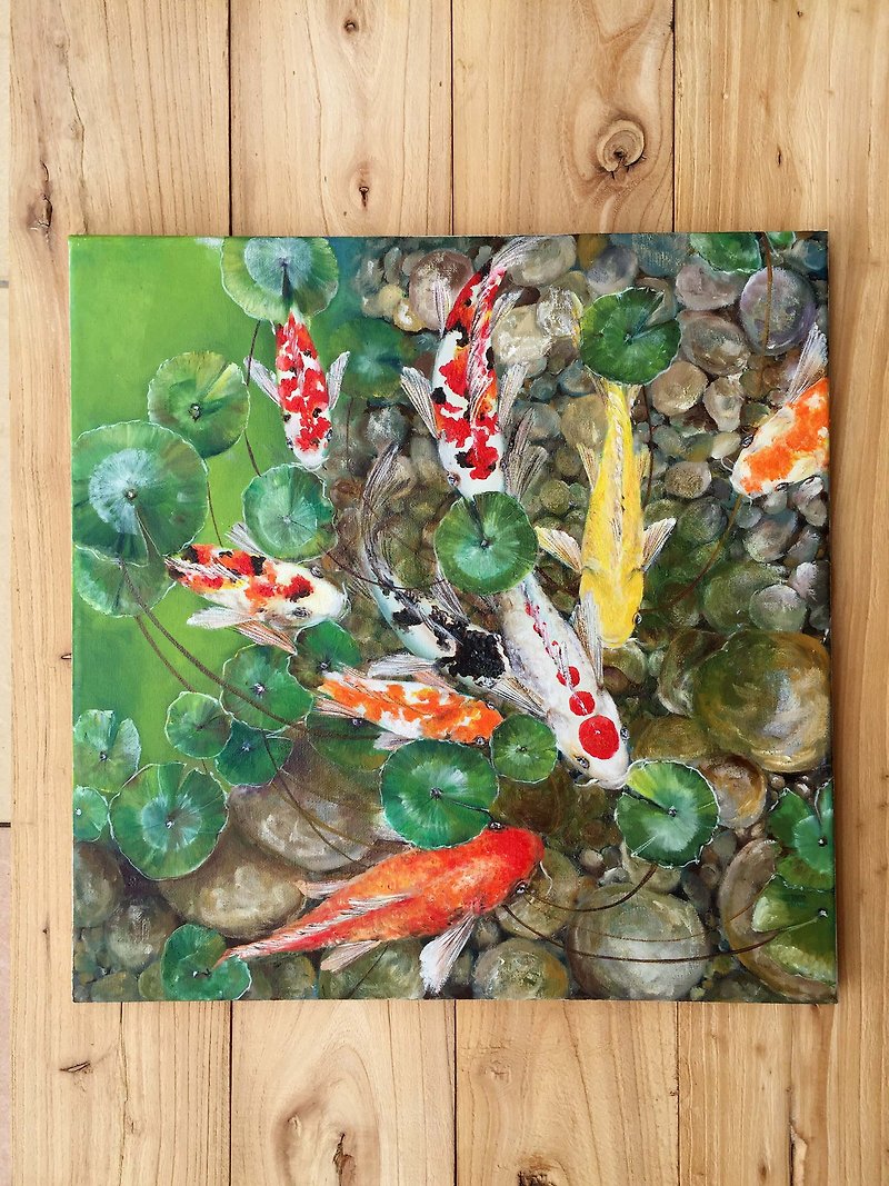 【Koi Pond】Original Oil Painting. 9 Koi Pond Oriental Fish Pond Painting. - โปสเตอร์ - ผ้าฝ้าย/ผ้าลินิน 