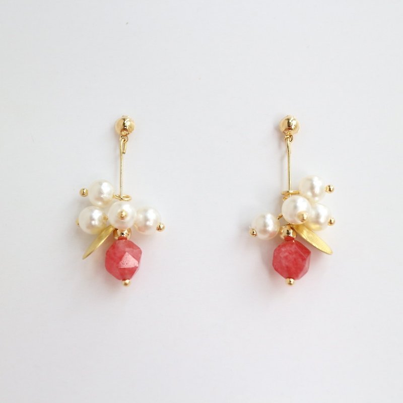 18kgf red natural stone gemstone pearl golden drop dangle earrings birthday gift - ต่างหู - เครื่องเพชรพลอย สีแดง