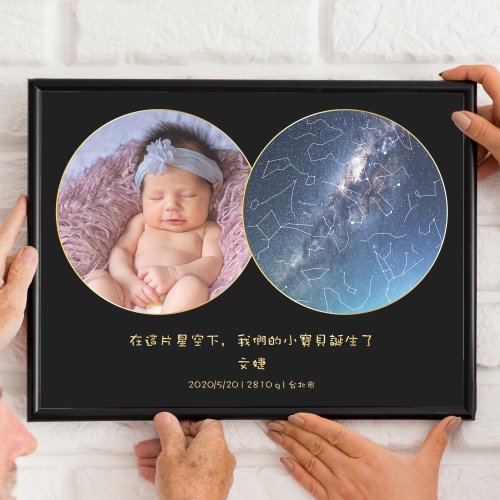 我們的星空 客製化寶寶生日當天的真實星空夜晚A3鋁框掛畫嬰兒週歲禮物彌月禮
