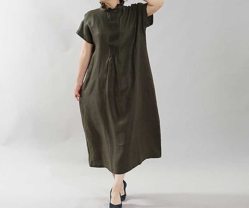 wafu  Linen dress / frill stand collar / kimono sleeves / moss green a088b-sgn2 - ชุดเดรส - ผ้าฝ้าย/ผ้าลินิน สีเขียว