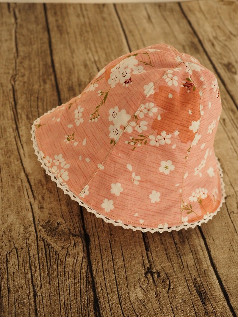 手工製作雙面粉紅櫻花帽子/ 粉紅碎花防風防曬帽子 適合小孩成人 - 嬰兒帽/髮帶 - 棉．麻 粉紅色