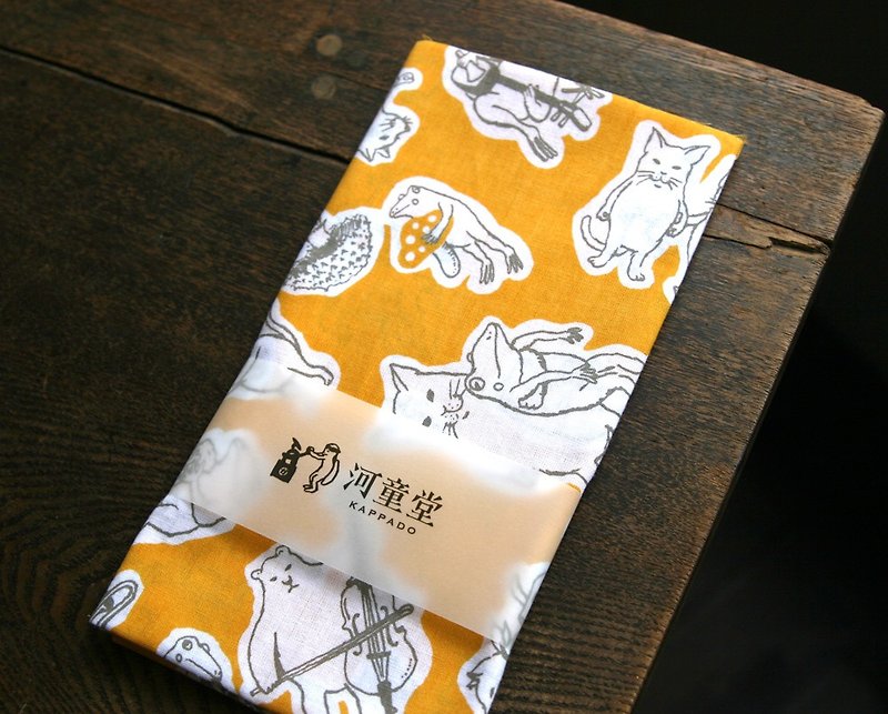 猫とカエルの手ぬぐい　イエロー - 絲巾 - 棉．麻 黃色