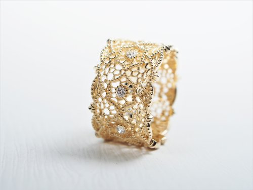 元素47金屬工藝工作室 客製化禮物─蕾絲系列 ─ 古典蕾絲戒指 (鑲石寬版 / K金/ 鑽石)