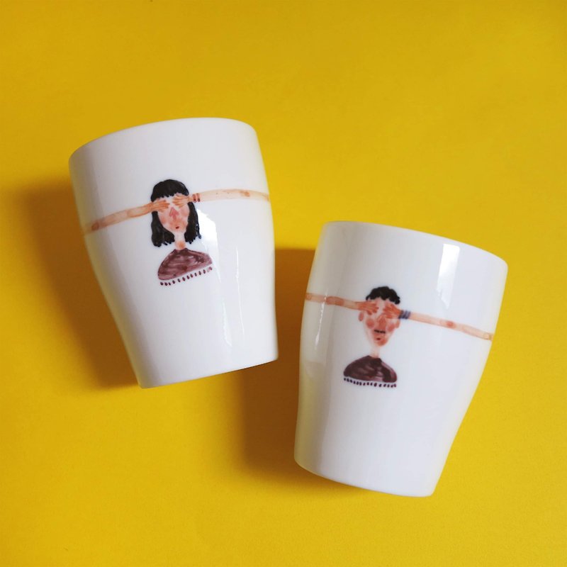 Ghost Blindfolding Couple Pair Cup - ถ้วย - ดินเผา สีส้ม