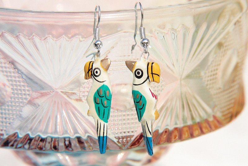 Valentine's Day gift hand-painted wooden earrings limited edition / wooden earrings / Animal earrings - white parrot rainforest (Ear / ear clip) - Earrings & Clip-ons - Wood Multicolor