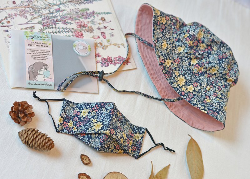 Mini Garden Mask and Bucket Hat Set- 100% cotton -adjustable strap - LIMITED - หมวก - ผ้าฝ้าย/ผ้าลินิน 