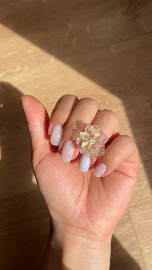 Swhisper Jewellery 耳語 可旋轉好人緣小桃花14k注金防水戒指天然珍珠玫瑰金