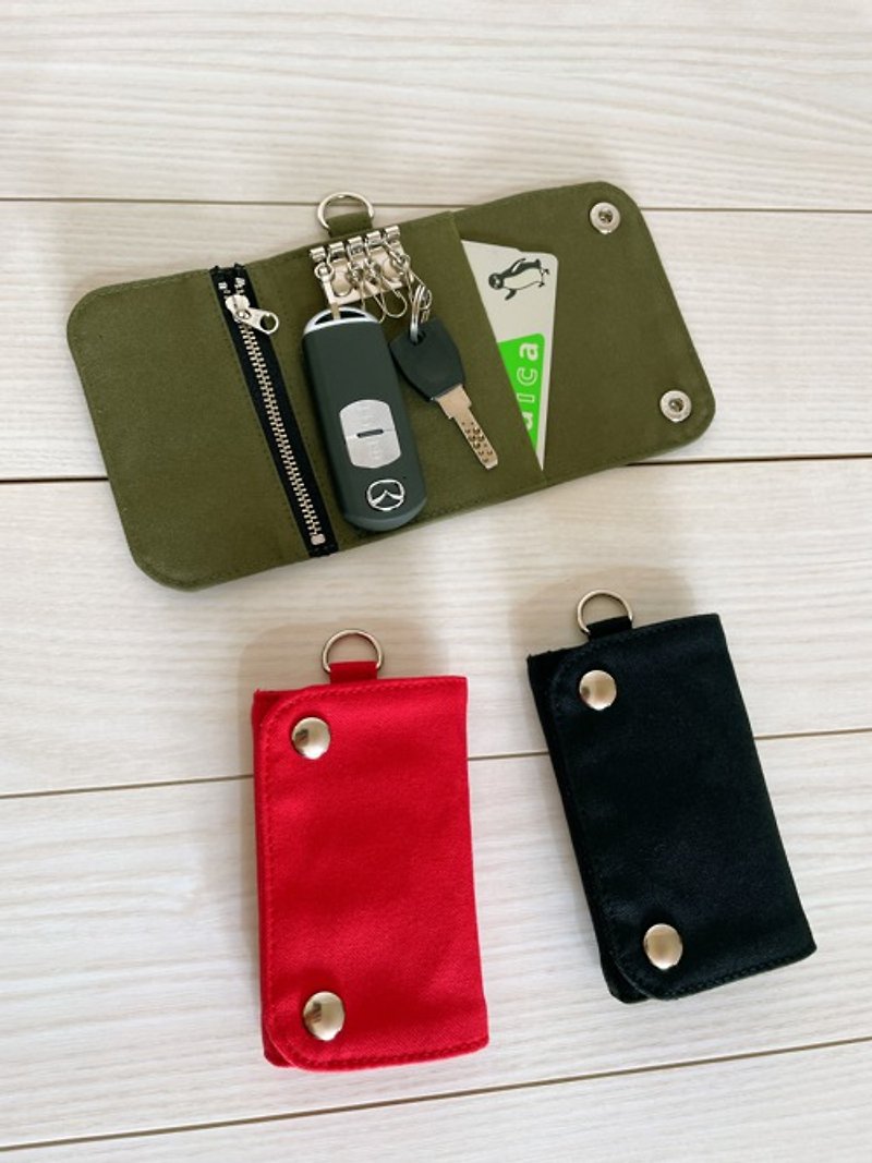 Kurashiki Canvas Tri-Fold Key Case 4 Row Smart Key Case Card Case Coin Case Khaki, Red, Black - Keychains - Cotton & Hemp 