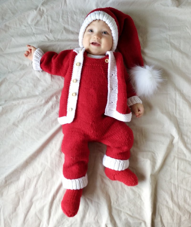 Knitting pattern for Santa baby cardigan, romper, cap, booties, 6-9, 9-12 months