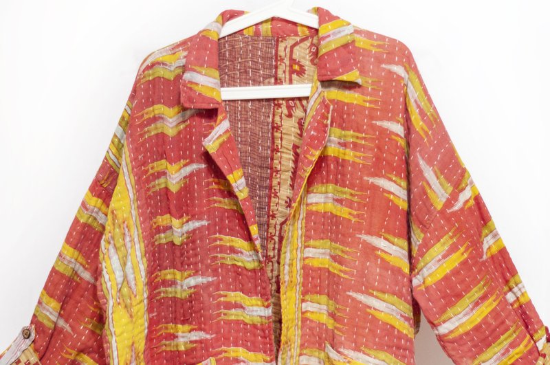 手縫いサリー生地パッチワーク純綿ジャケット インド純綿パッチワークブラウス サリー糸刺繍ロングジャケット - 彩 - ジャケット - コットン・麻 多色