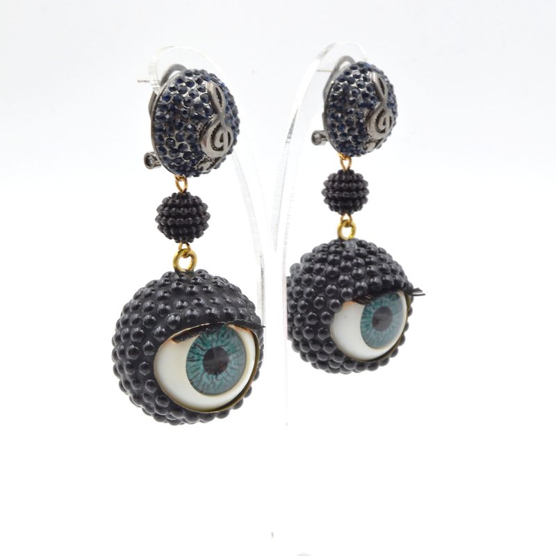 Black Resin Pearl Eyeball Eyeball Earrings 24mm Diameter Blinking Sleepy Swarovski Fashion Art - ต่างหู - โลหะ สีดำ