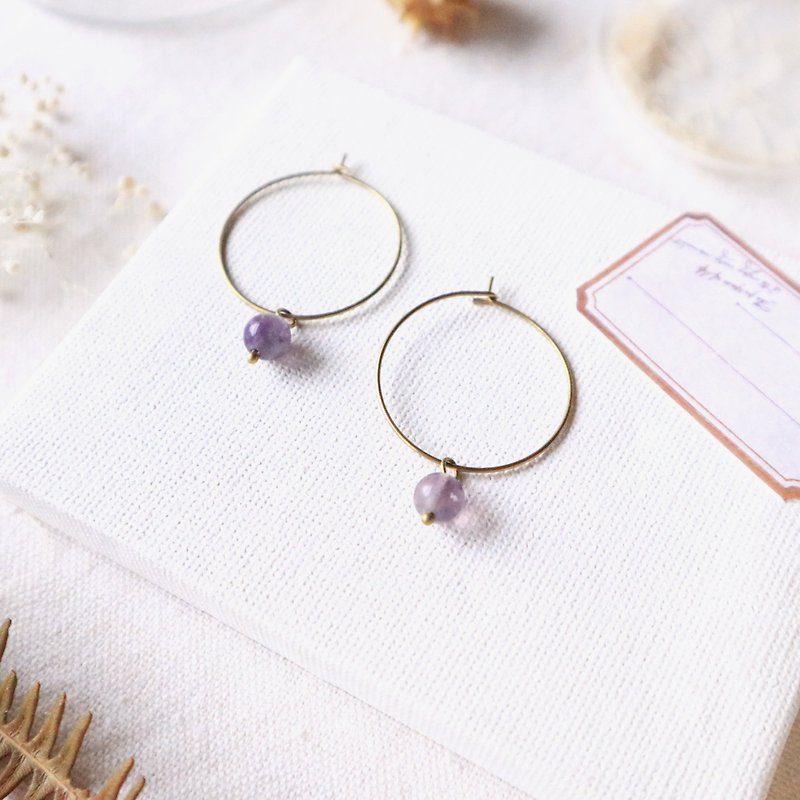 Natural stone small circle series - blurred amethyst - Earrings & Clip-ons - Copper & Brass Purple