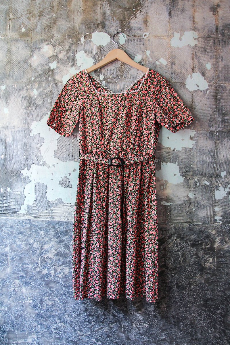 袅袅 department store -Vintage square collar lace small flower cotton dress retro - One Piece Dresses - Cotton & Hemp 