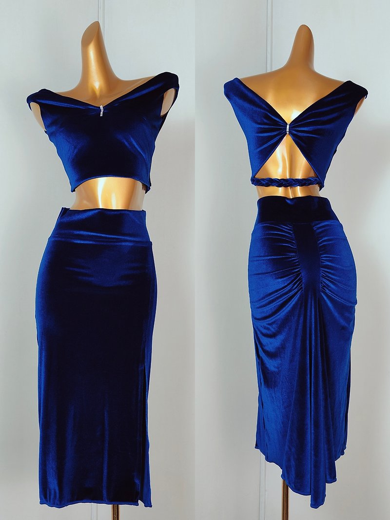 質感絨布編織美背套組 - 連身裙 - 其他人造纖維 藍色