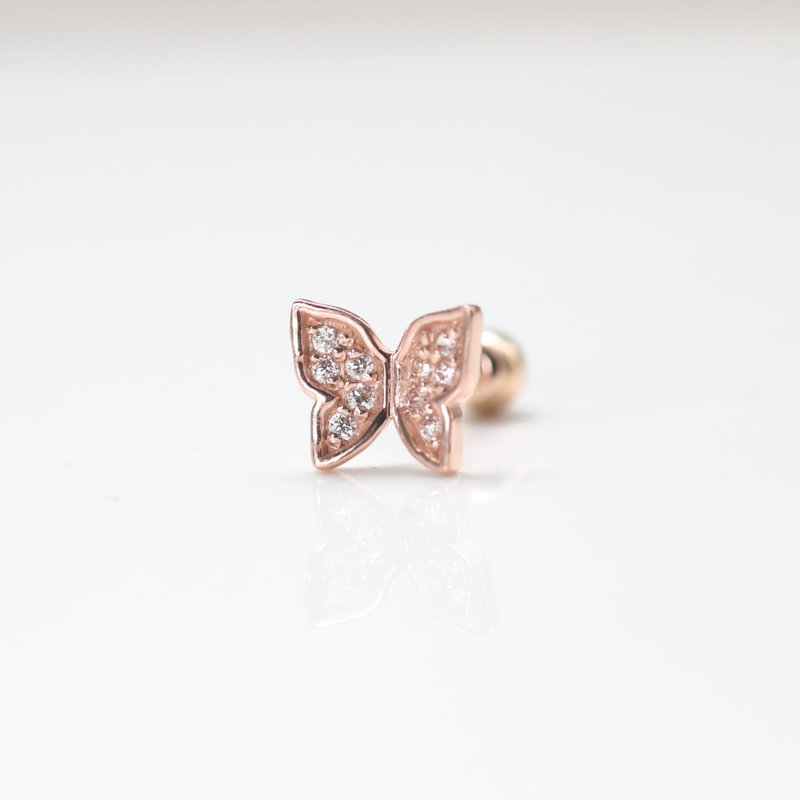 14K 手作金蝴蝶鑽鎖珠耳環(單個)耳骨 耳窩 不退色 - 耳環/耳夾/耳骨夾 - 貴金屬 金色