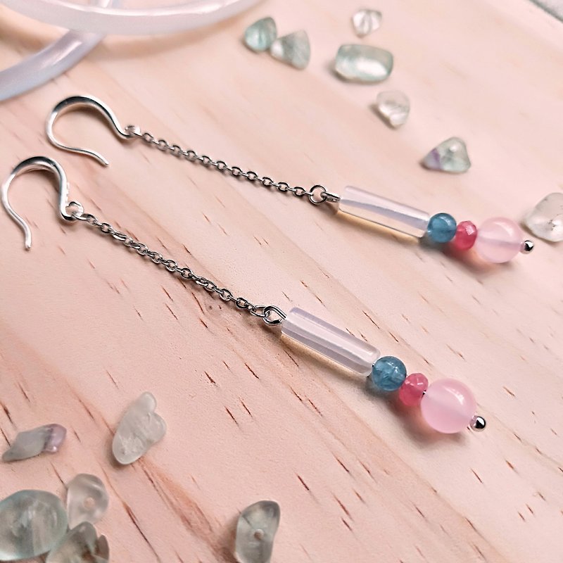 J010-Natural Stone Beads Earrings Opal Stone Rhodolite Pink Crystal - ต่างหู - เครื่องประดับพลอย สึชมพู