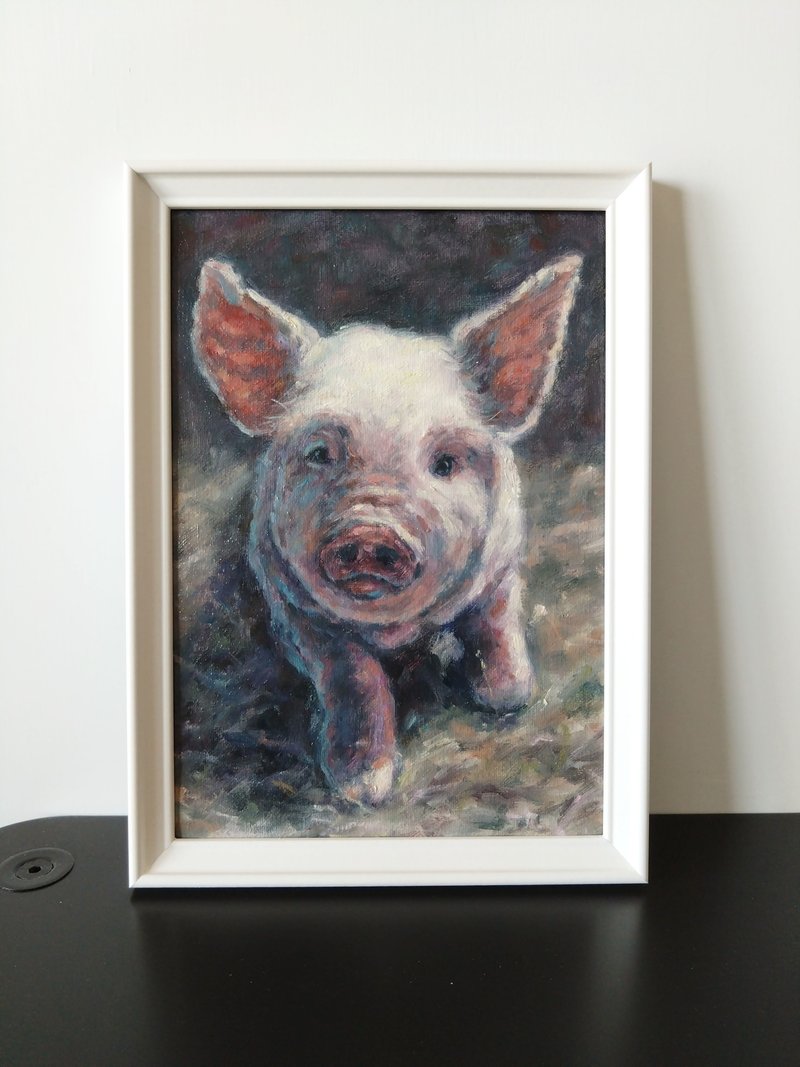 可愛豬仔油畫 獨一無二動物畫  連框 - 海報/掛畫/掛布 - 其他材質 白色