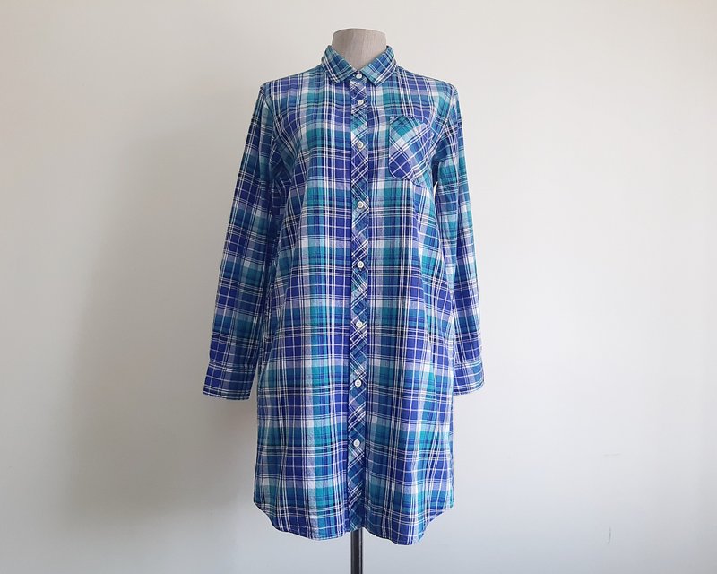 Small Vintage Blue Green Plaid Shirt Dress Womens Tartan Cotton Dress S - 洋裝/連身裙 - 棉．麻 藍色