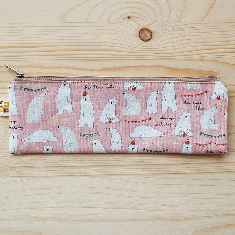 蘋果北極熊_粉 拉鏈寬版筷袋 - 筷子/筷子架 - 棉．麻 粉紅色