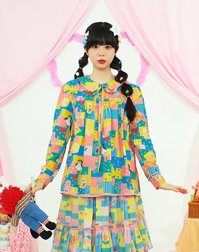 かわいい和柄の女の子用オリジナルプリント長袖ベビードールシャツ - トップス - コットン・麻 多色