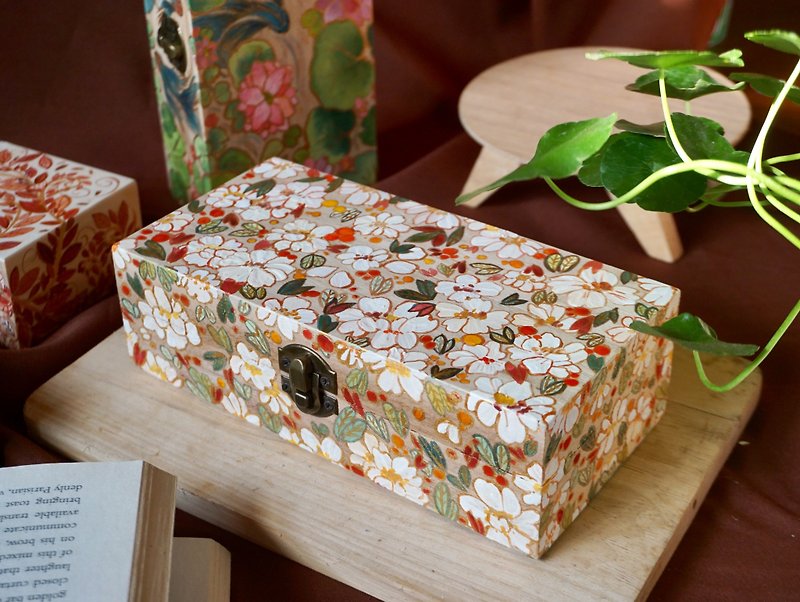 Hand-Painted Wooden Box, White Peony Garden - Acrylic Painting on Wood - Storage - Wood Brown