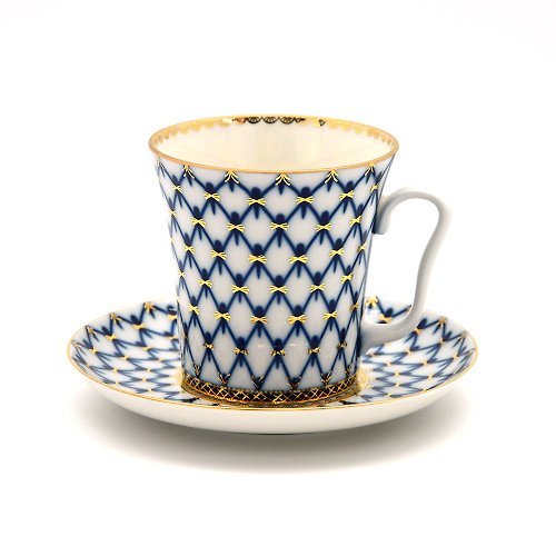 Imperial Porcelain 經典網紋系列-鈷藍22K金手工350ml馬克杯盤組