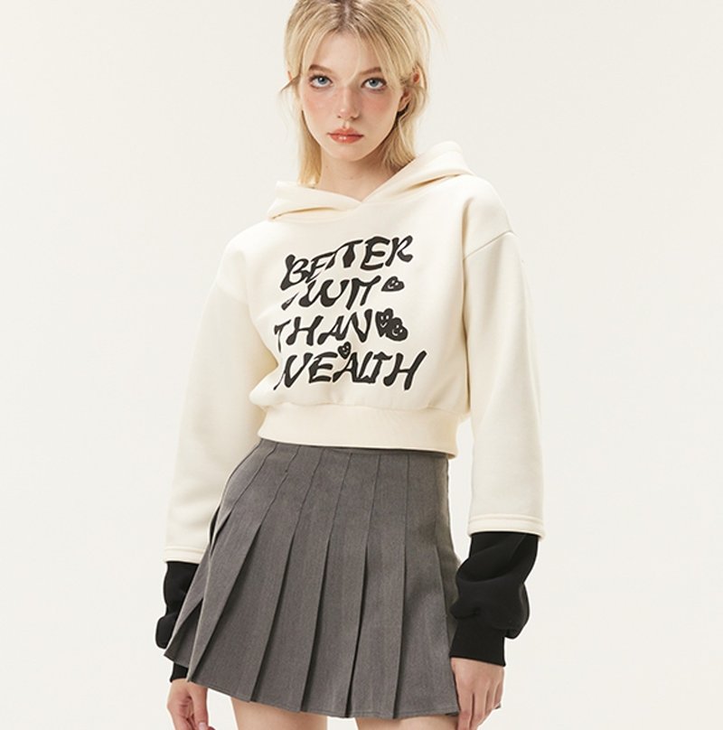 College Style Sweet Beige Printed Hooded Short Sweatshirt - เสื้อผู้หญิง - วัสดุอื่นๆ ขาว