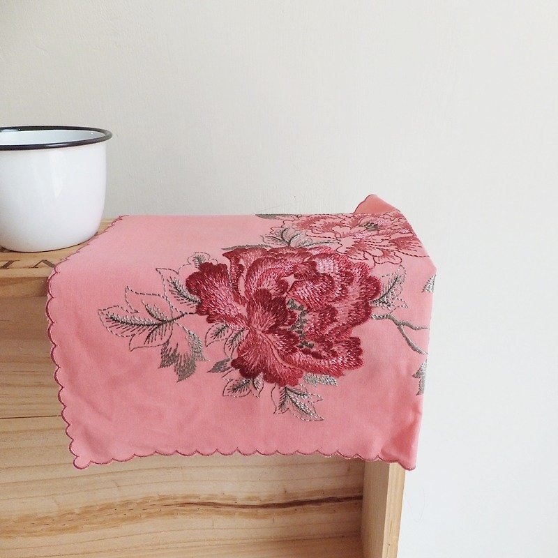 Embroidery Towel ,  Table Centre Mat :Embroidered peonies - Place Mats & Dining Décor - Cotton & Hemp Multicolor