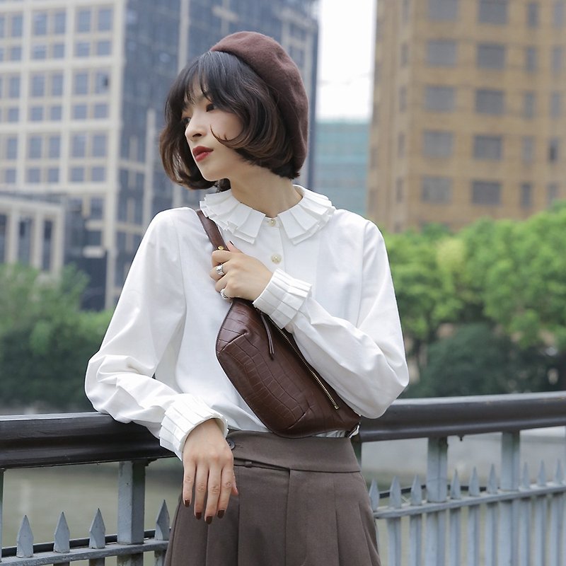 Pleated Double Collar Long Sleeve White Shirt|Shirt|Autumn|Cotton Blend|Sora-363 - Women's Shirts - Cotton & Hemp White