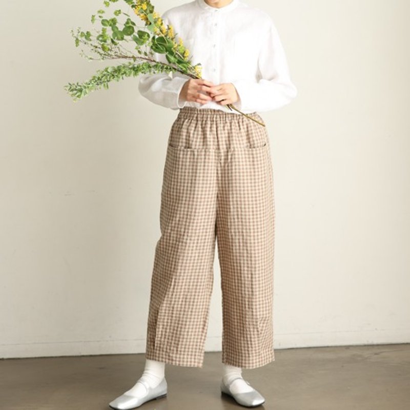 Linen pants with a refreshing and natural feel. Long pants, check pattern, pale brown, 240520-4 - Women's Pants - Other Materials 