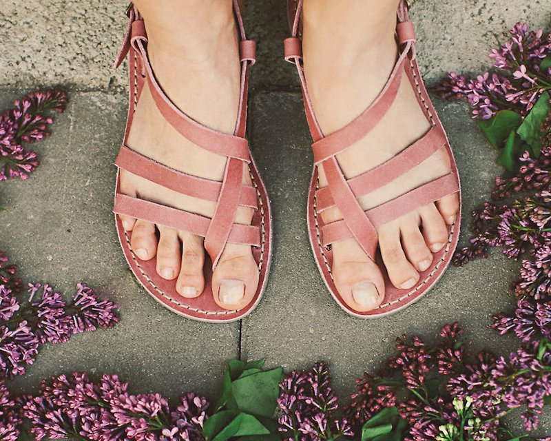 羅馬涼鞋、夏季涼鞋、皮革羅馬涼鞋、希臘涼鞋、女鞋 - 涼鞋 - 真皮 粉紅色