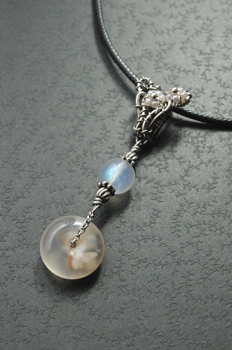 【Sakura Dance】-Pure silver thread braiding-Sakura agate moonstone necklace - สร้อยคอ - เงินแท้ สีดำ