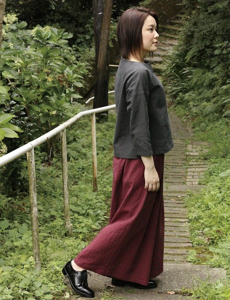 Cotton linen super wide pants burgundy - กางเกงขายาว - ผ้าฝ้าย/ผ้าลินิน สีแดง