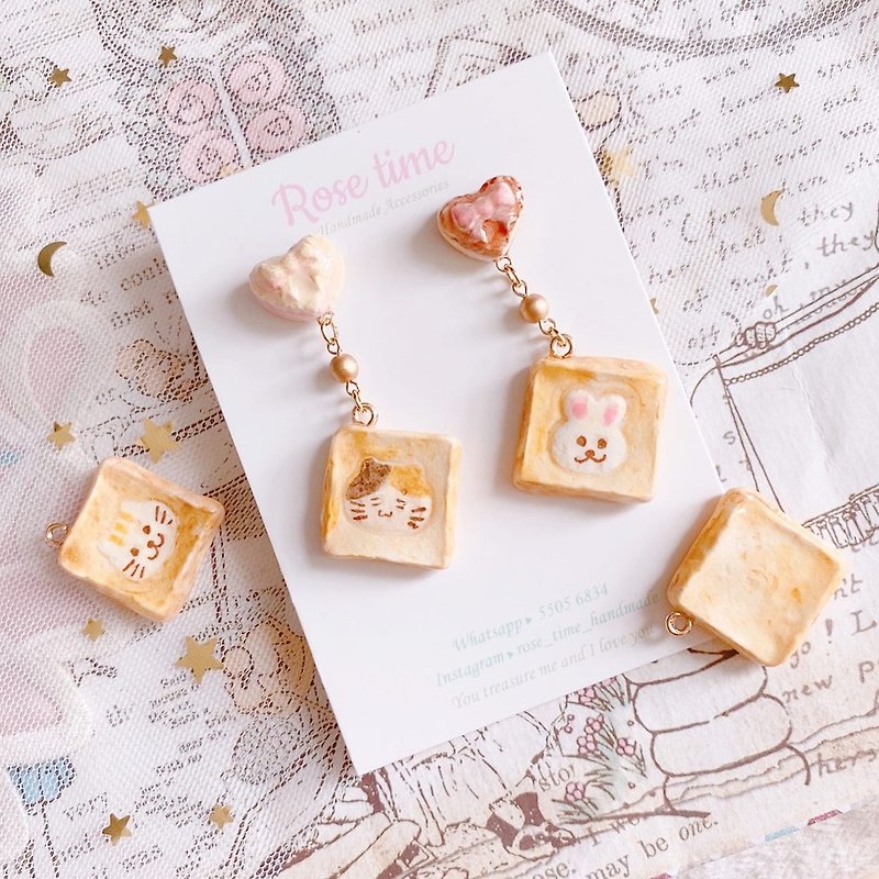 Hand-painted - animal toast (rabbit/cat) - Earrings & Clip-ons - Clay Gold