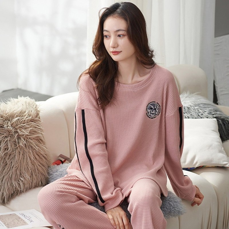 Pink Lady pink moon long-sleeved pajamas, waffle cotton autumn and winter two-piece home wear - Loungewear & Sleepwear - Other Man-Made Fibers Pink