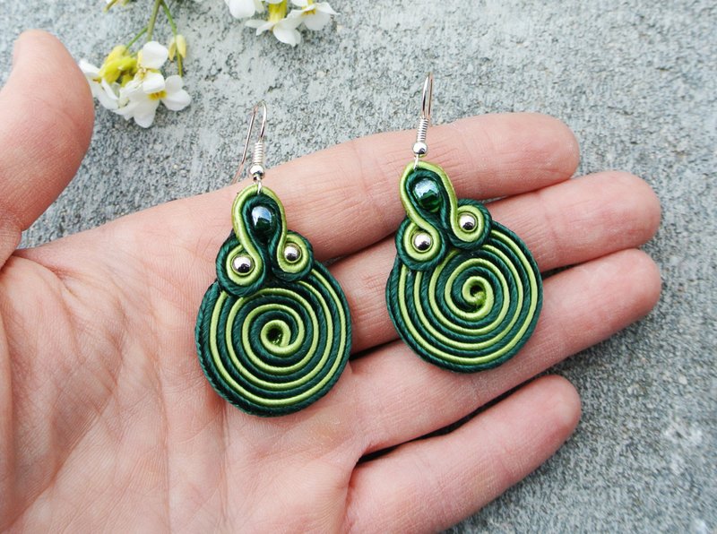 Green earrings Embroidered soutache Boho Earrings Round Circle Swirl Spiral - Earrings & Clip-ons - Other Materials Green