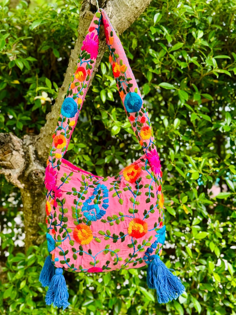 Hand embroidered Peach floral cross-body bag shoulder bag cross-body bag side bag - Messenger Bags & Sling Bags - Silk Pink