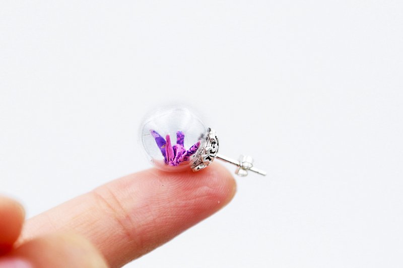 Paper Crane Glass Ball Earrings-Diandianxiaxia - Earrings & Clip-ons - Paper Purple
