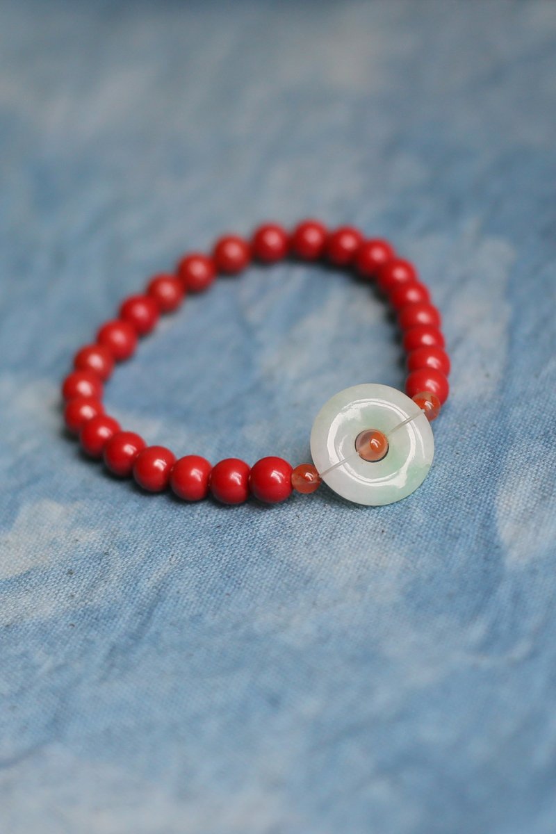 春秋手作 | 翡翠平安扣 高含量硃砂手鏈 | 一物一圖 新年禮物 - 手鍊/手環 - 寶石 多色