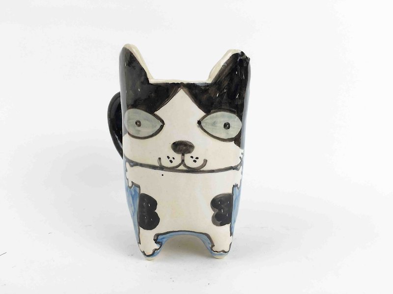 ニースリトルクレイ手作りマグカップの耳と大きな目、黒と白猫の0112から01 - マグカップ - 陶器 ブルー