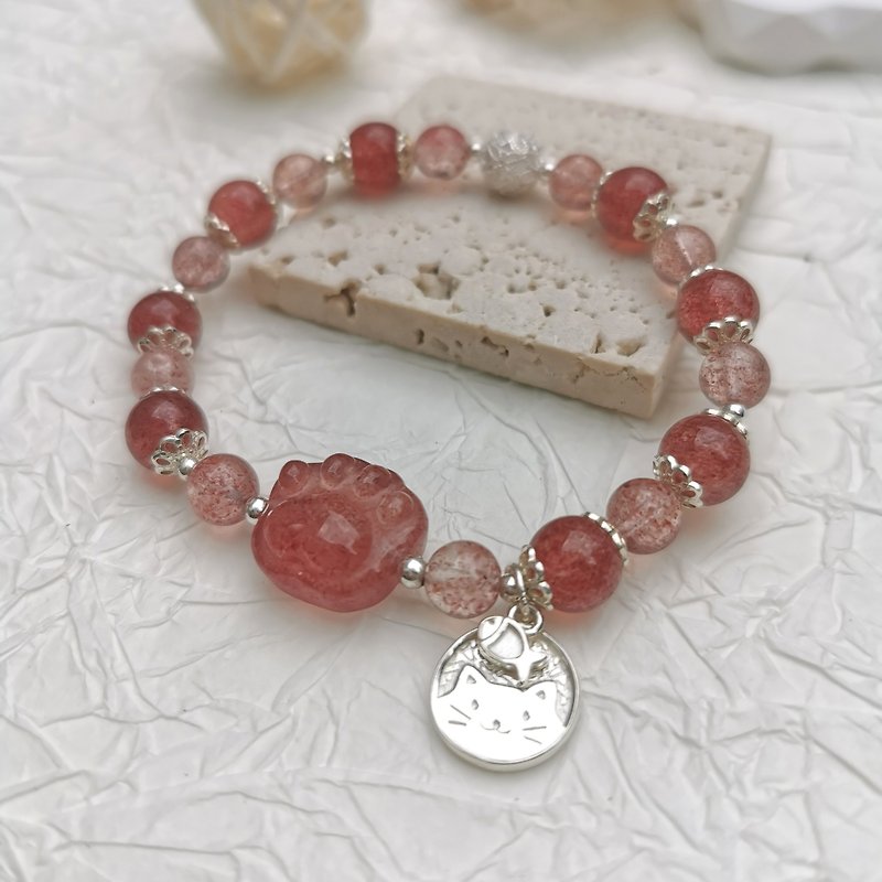 Paw's Love - Cute Paw Strawberry Quartz Natural Crystal Bracelet - Bracelets - Crystal Pink