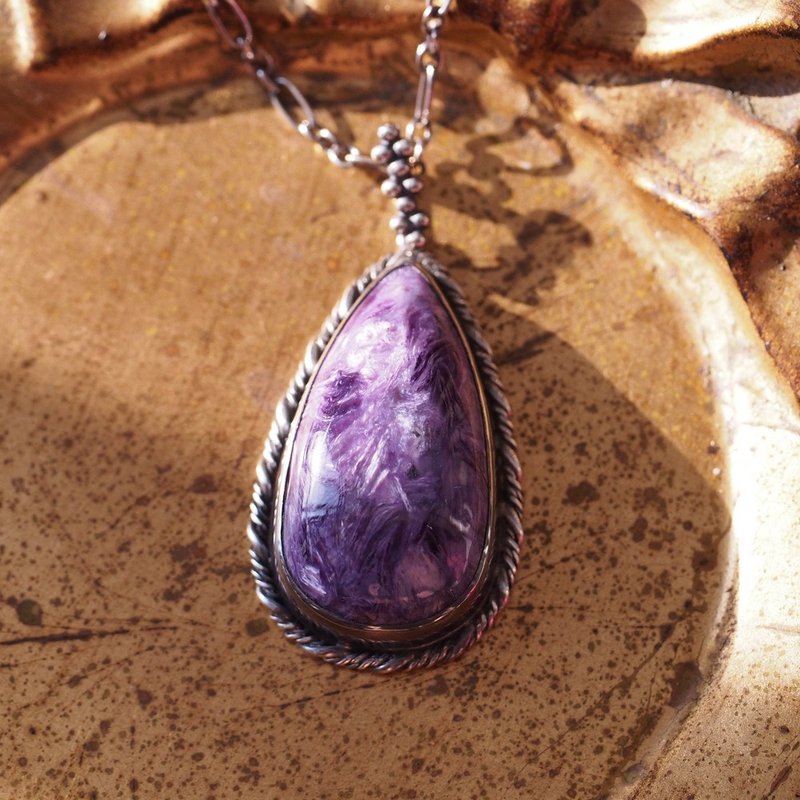 大顆 紫龍晶 查羅石 手工純銀項鍊 硫化處理 Charoite - 項鍊 - 半寶石 紫色