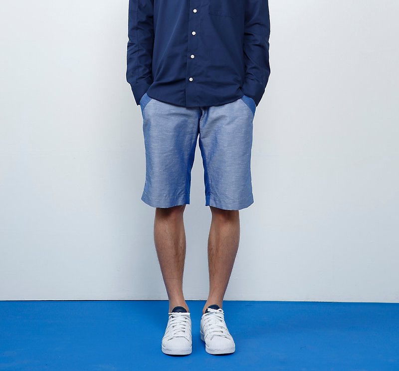【清爽夏日】深深淺淺的藍 棉麻五分褲-寶藍 - 男短褲/工作短褲 - 其他材質 藍色